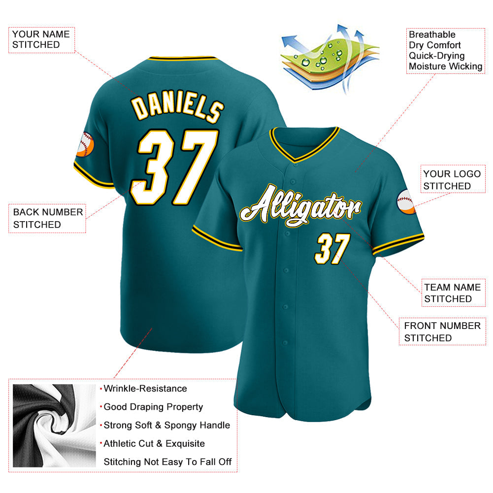 Custom Teal White-Gold Authentic Baseball Jersey view 3