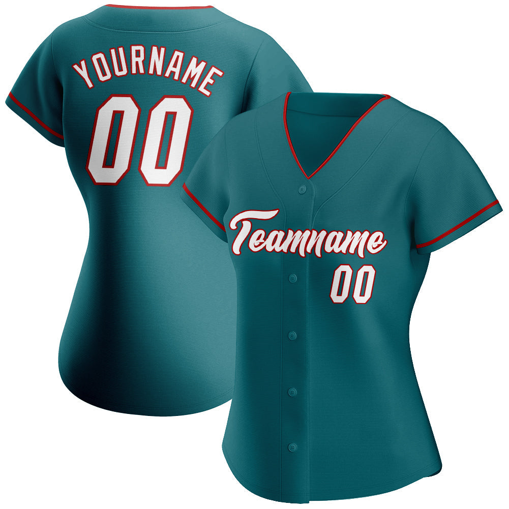 Custom Teal White-Red Authentic Baseball Jersey view 2