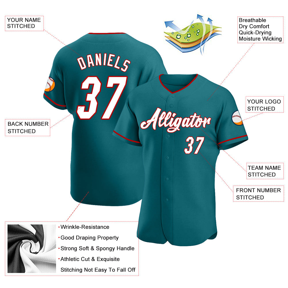 Custom Teal White-Red Authentic Baseball Jersey view 3