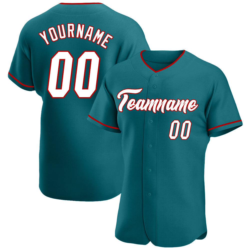 Custom Teal White-Red Authentic Baseball Jersey - Main View