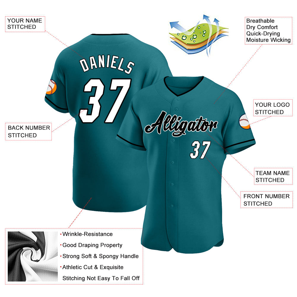 Custom Teal White-Black Authentic Baseball Jersey view 3