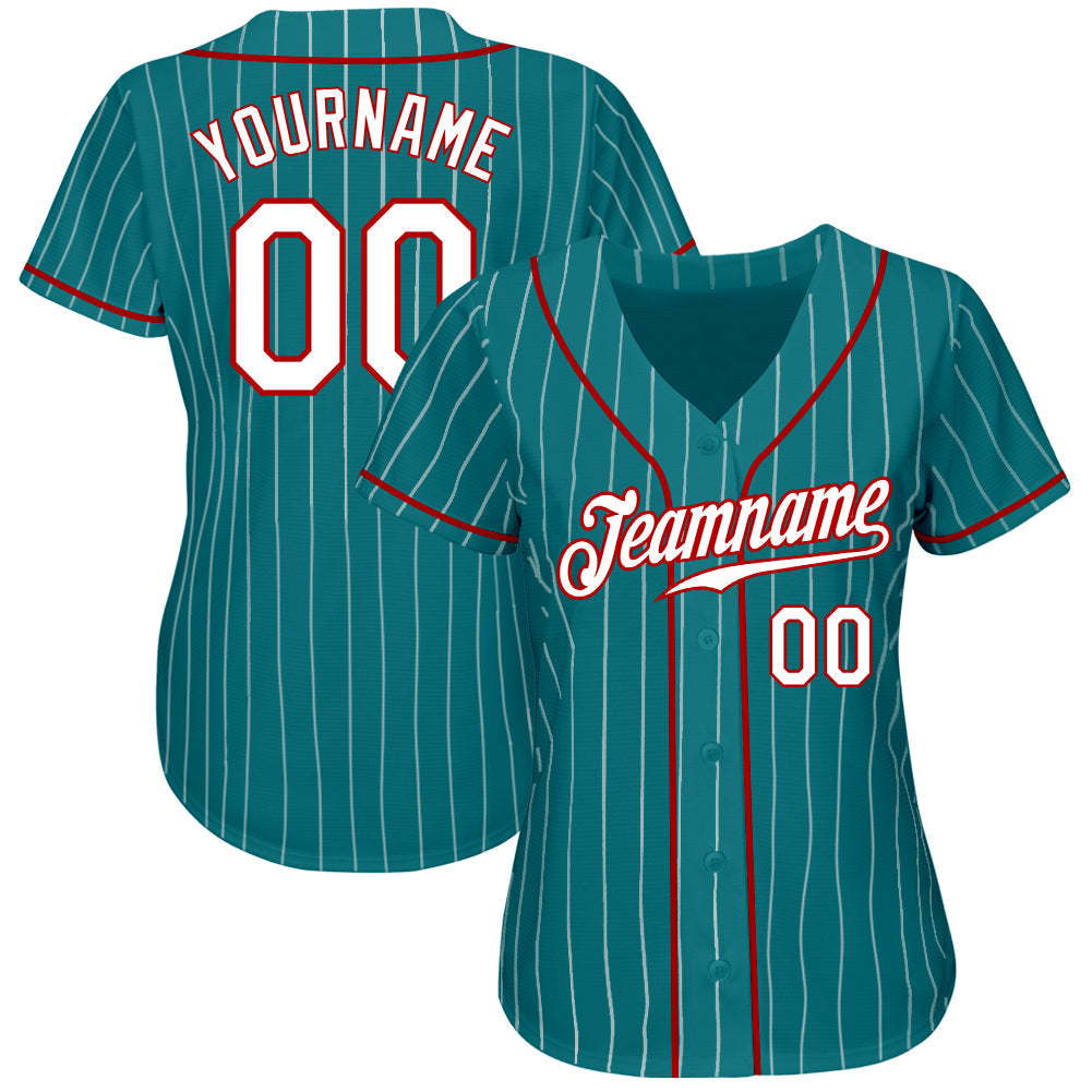 Custom Teal White Pinstripe White-Red Authentic Baseball Jersey view 2
