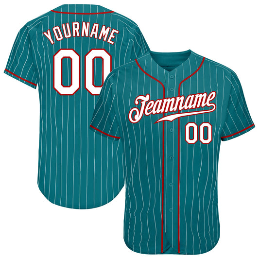 Custom Teal White Pinstripe White-Red Authentic Baseball Jersey - Main View