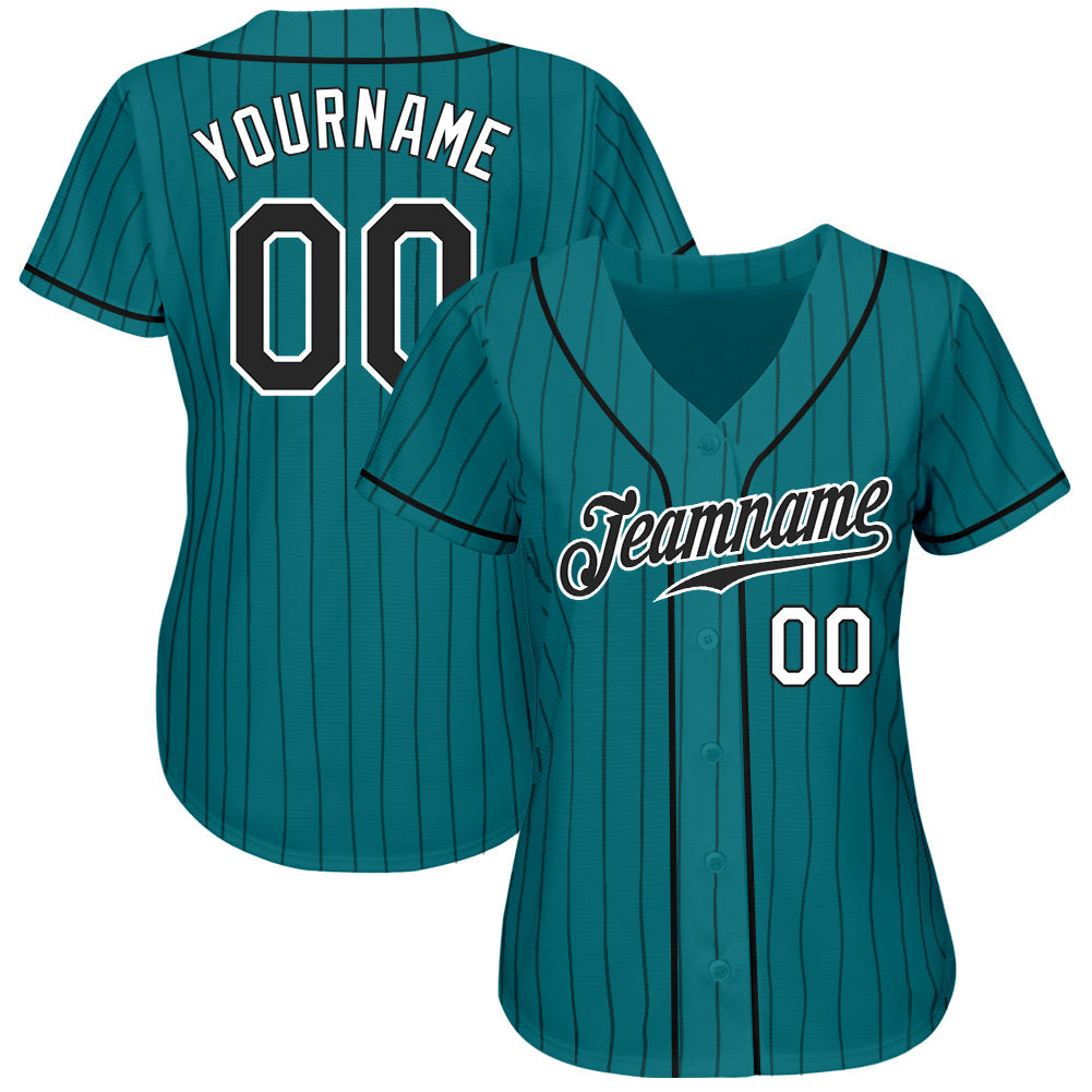 Custom Teal Black Pinstripe Black-White Authentic Baseball Jersey view 3