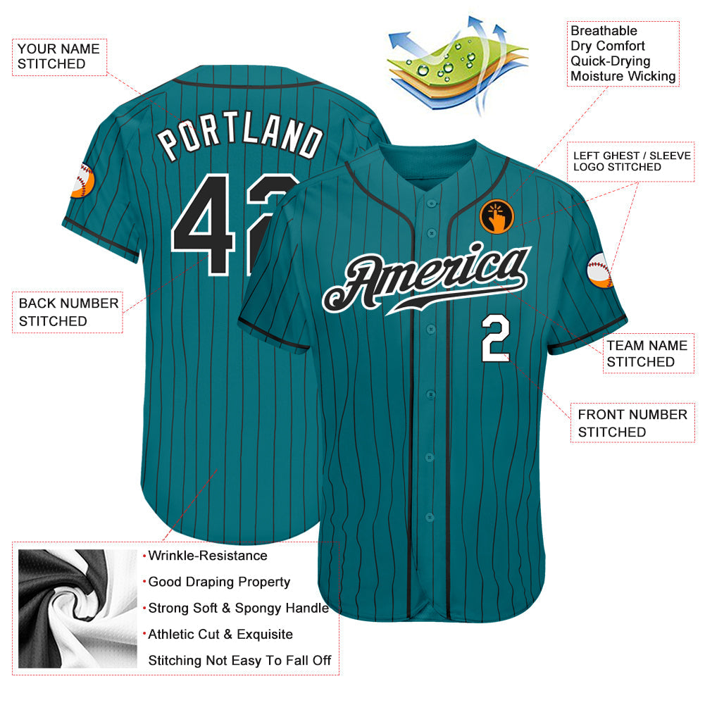 Custom Teal Black Pinstripe Black-White Authentic Baseball Jersey view 4