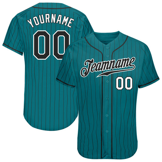 Custom Teal Black Pinstripe Black-White Authentic Baseball Jersey - Main View