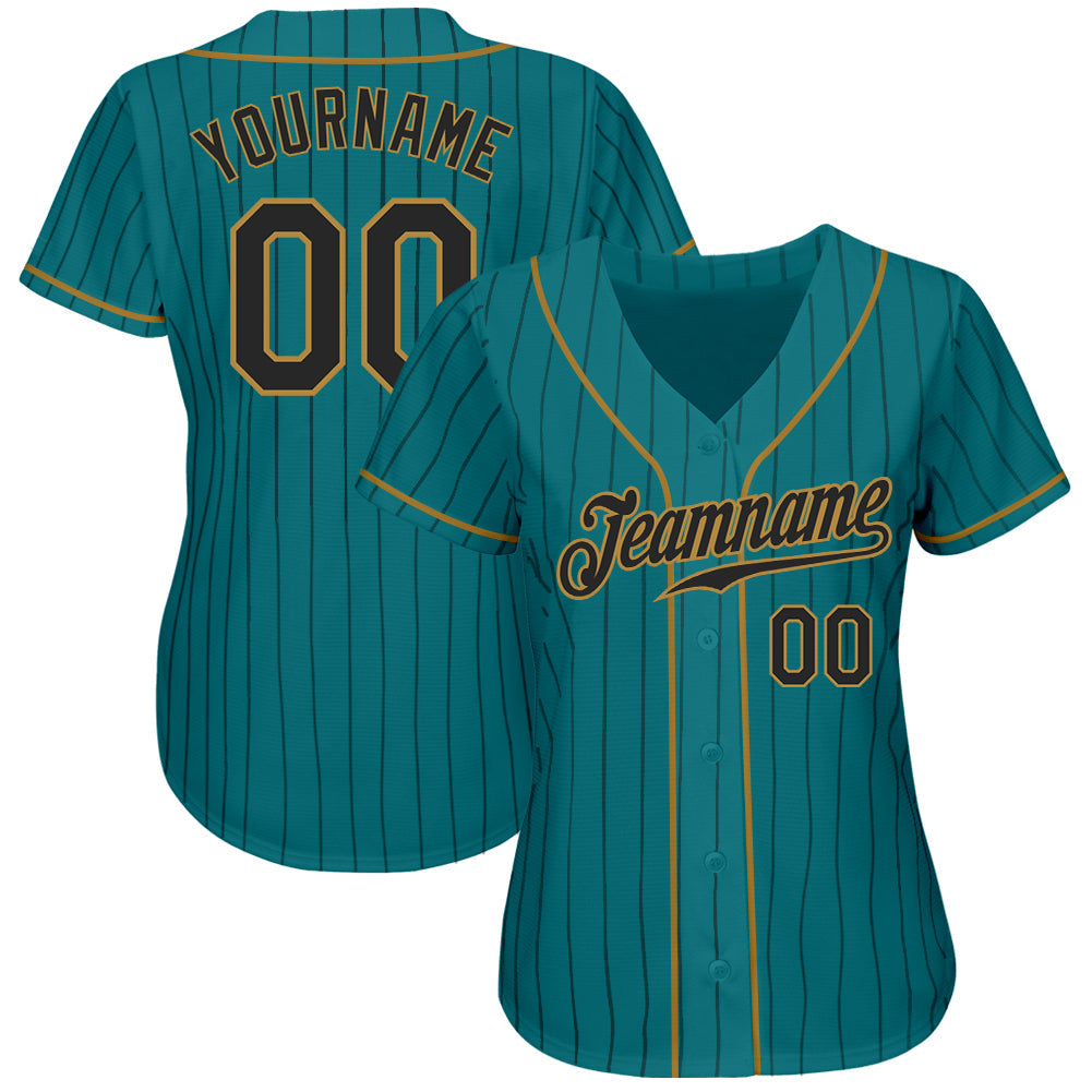Custom Teal Black Pinstripe Black-Old Gold Authentic Baseball Jersey view 2