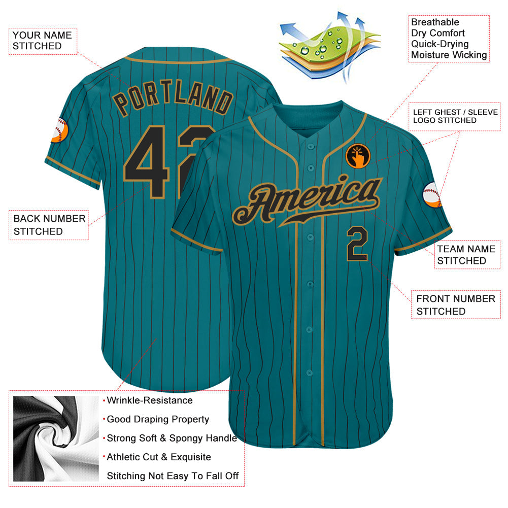Custom Teal Black Pinstripe Black-Old Gold Authentic Baseball Jersey view 3