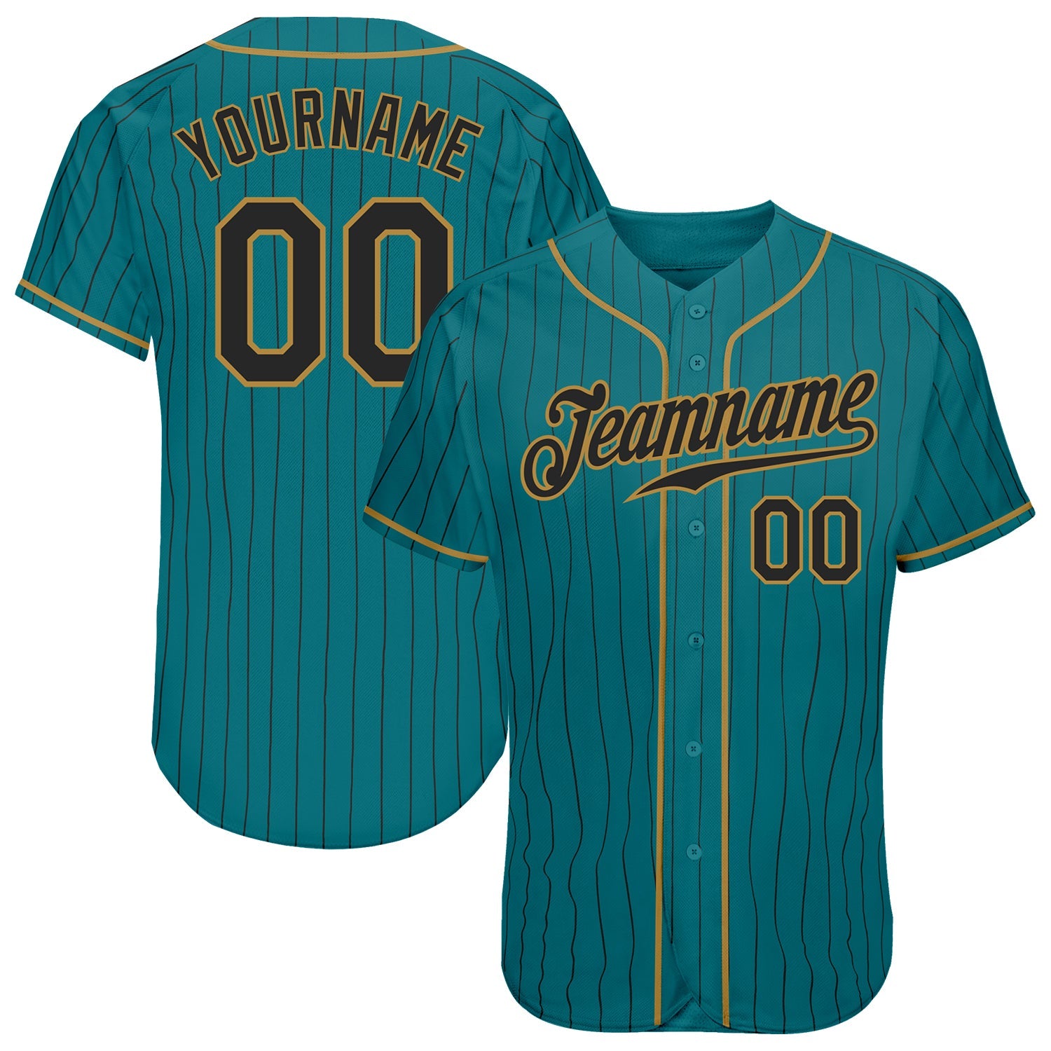 Custom Teal Black Pinstripe Black-Old Gold Authentic Baseball Jersey - Main View