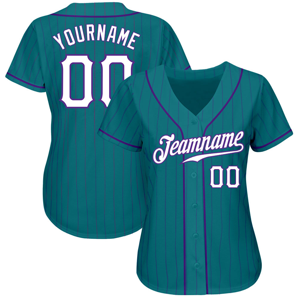 Custom Teal Purple Pinstripe White-Purple Authentic Baseball Jersey view 2