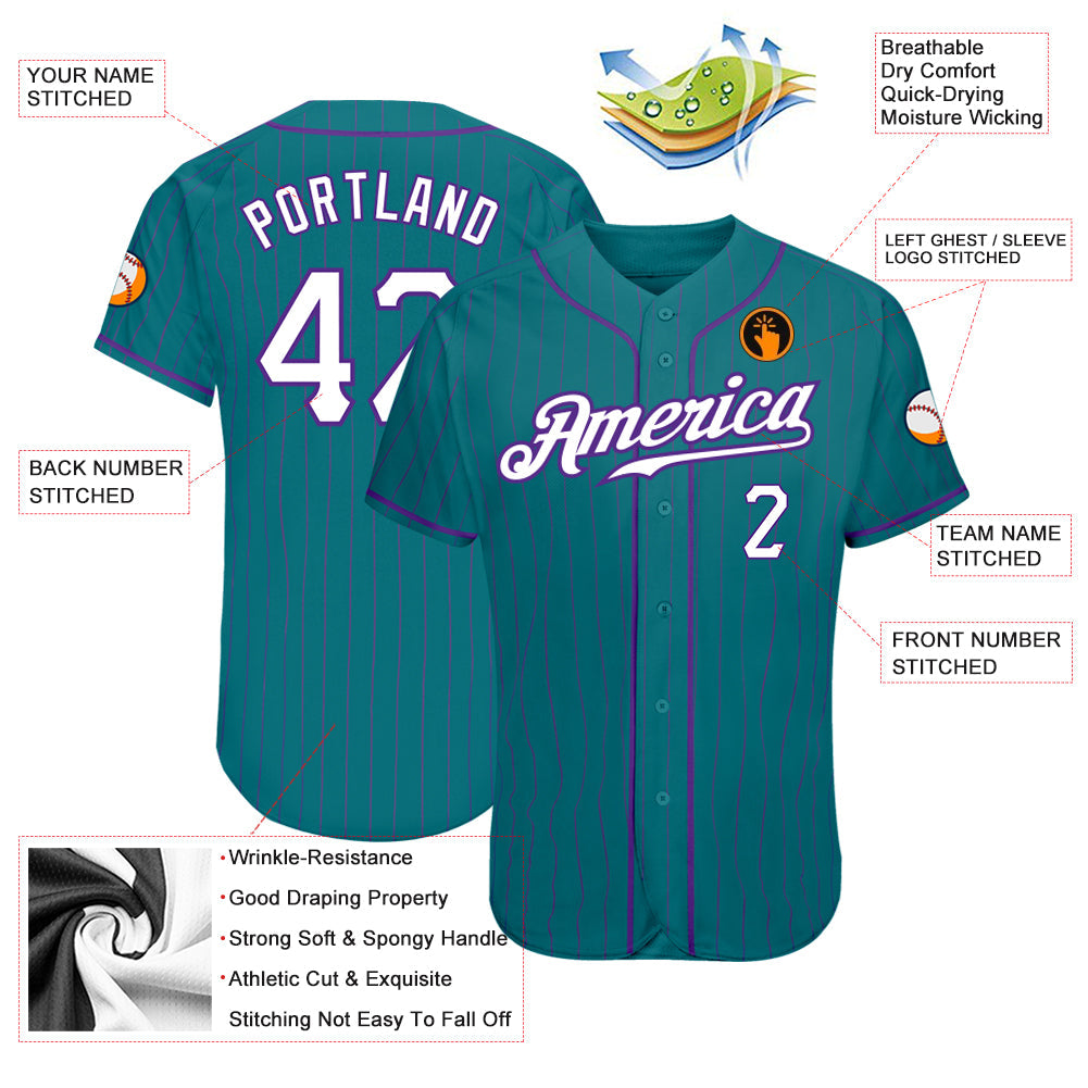 Custom Teal Purple Pinstripe White-Purple Authentic Baseball Jersey view 3