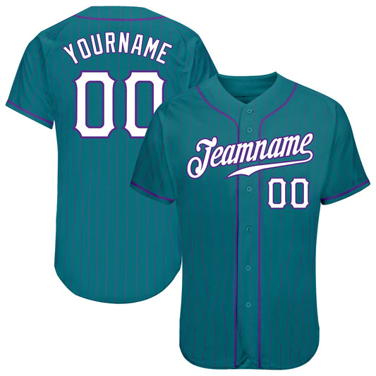 Custom Teal Purple Pinstripe White-Purple Authentic Baseball Jersey - Main View