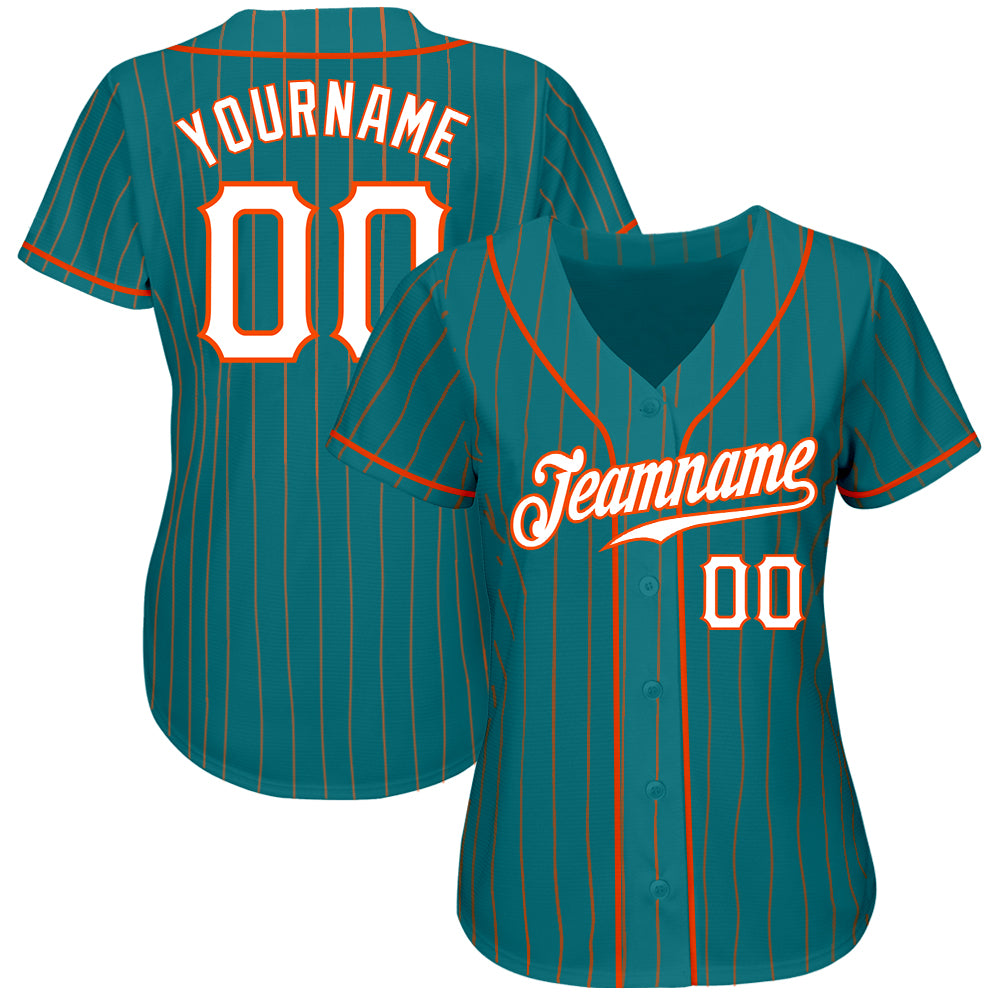 Custom Teal Orange Pinstripe White-Orange Authentic Baseball Jersey view 2