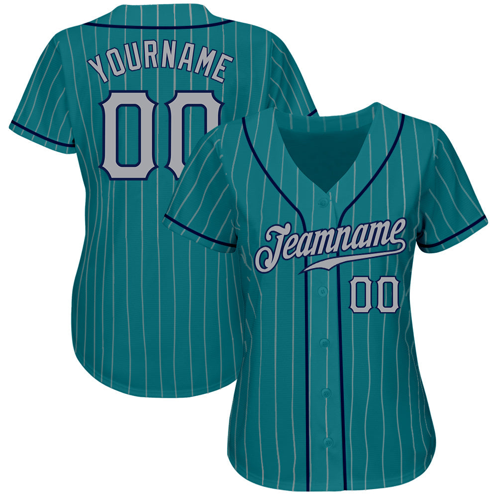 Custom Teal Gray Pinstripe Gray-Navy Authentic Baseball Jersey view 3