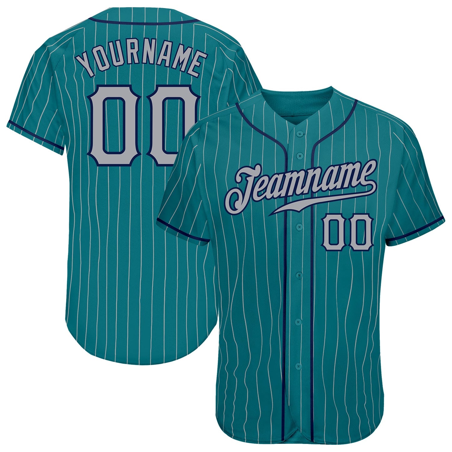 Custom Teal Gray Pinstripe Gray-Navy Authentic Baseball Jersey - Main View