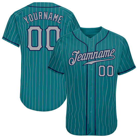 Custom Teal Gray Pinstripe Gray-Navy Authentic Baseball Jersey - Main View