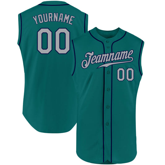 Custom Aqua Gray-Navy Authentic Sleeveless Baseball Jersey - Main View