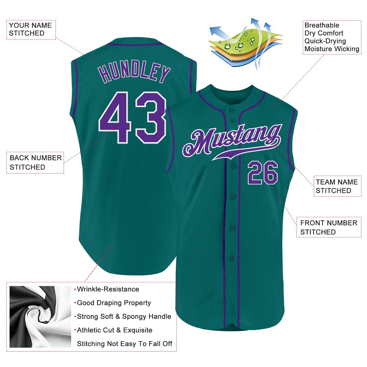 Custom Aqua Purple-White Authentic Sleeveless Baseball Jersey view 2