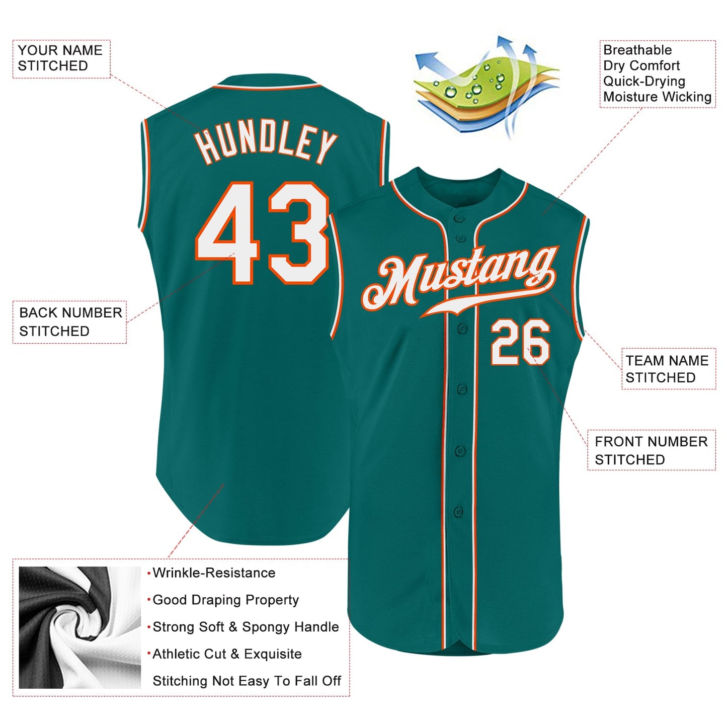 Custom Aqua White-Orange Authentic Sleeveless Baseball Jersey view 2