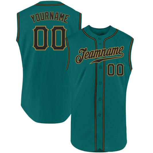 Custom Aqua Black-Old Gold Authentic Sleeveless Baseball Jersey - Main View