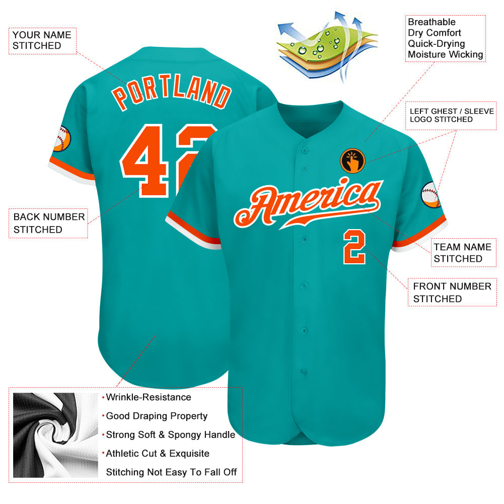 Custom Aqua Orange-White Authentic Baseball Jersey view 3