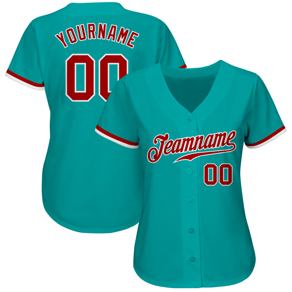 Custom Aqua Red-White Authentic Baseball Jersey view 2