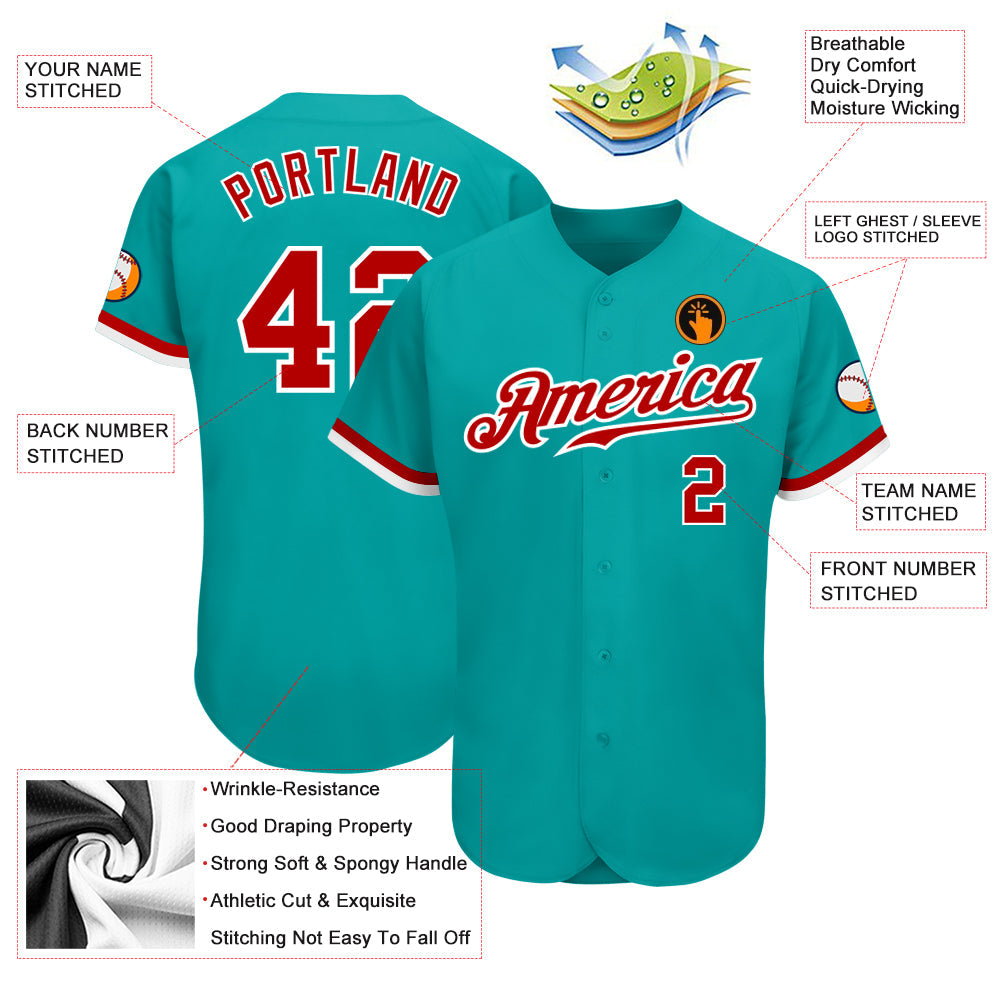 Custom Aqua Red-White Authentic Baseball Jersey view 3