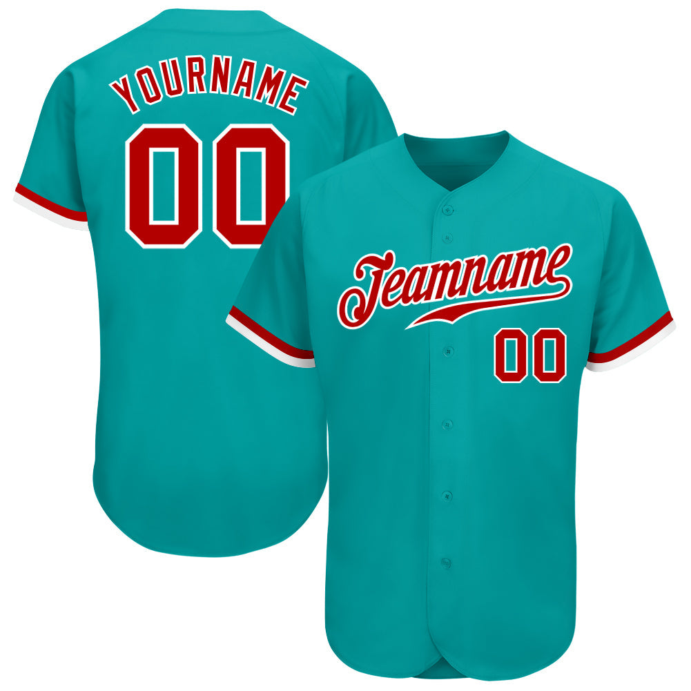 Custom Aqua Red-White Authentic Baseball Jersey - Main View