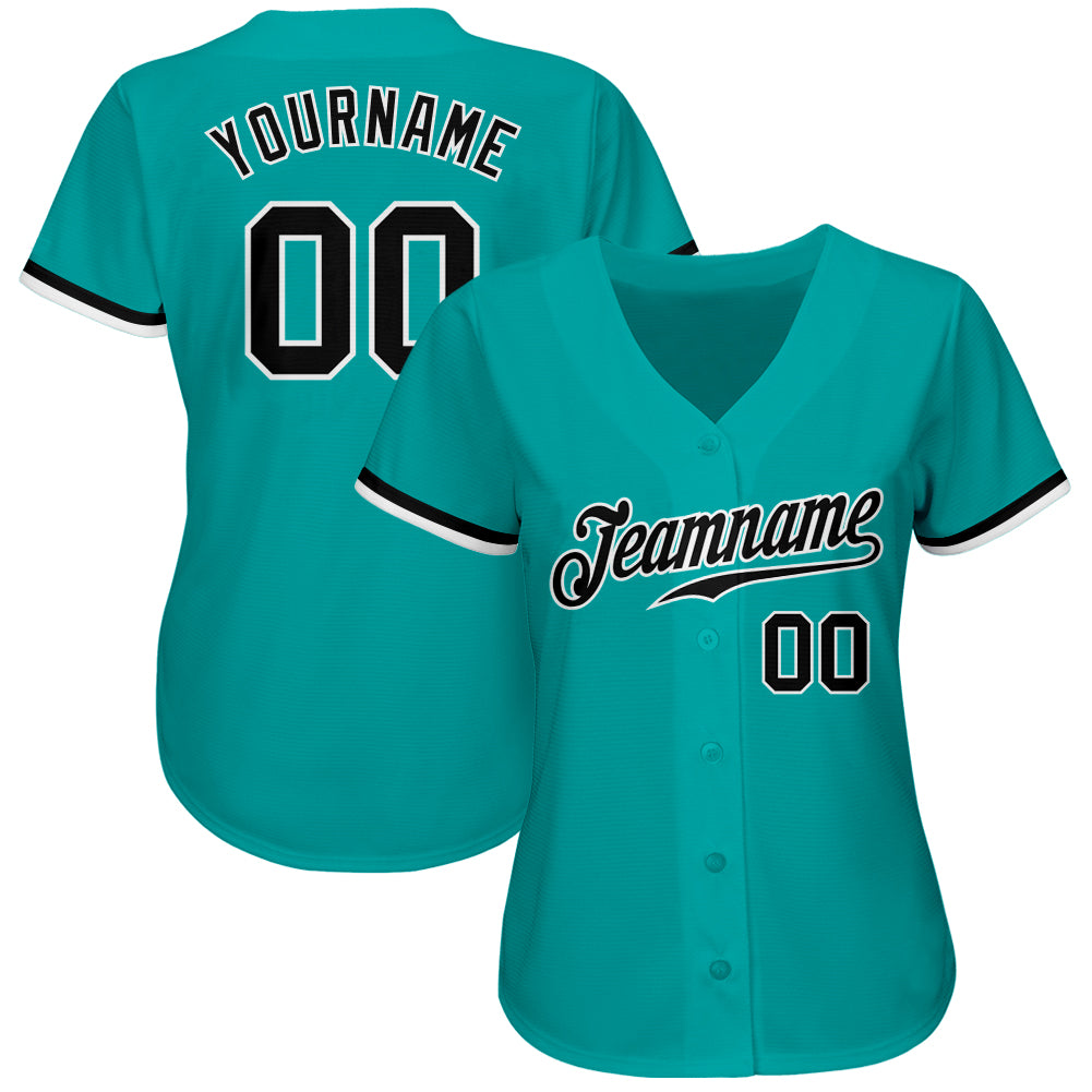 Custom Aqua Black-White Authentic Baseball Jersey view 2