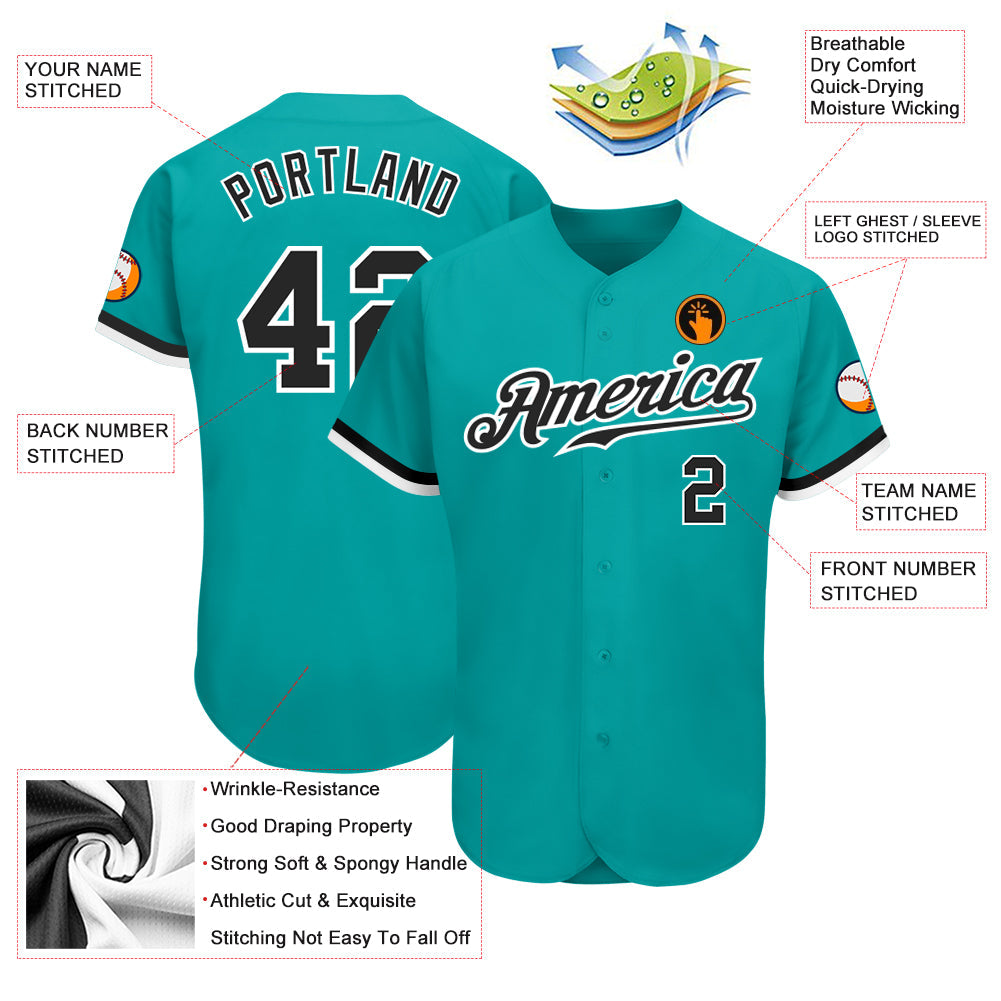 Custom Aqua Black-White Authentic Baseball Jersey view 3