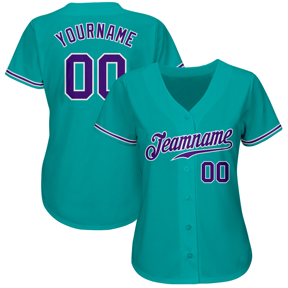 Custom Aqua Purple-White Authentic Baseball Jersey view 2