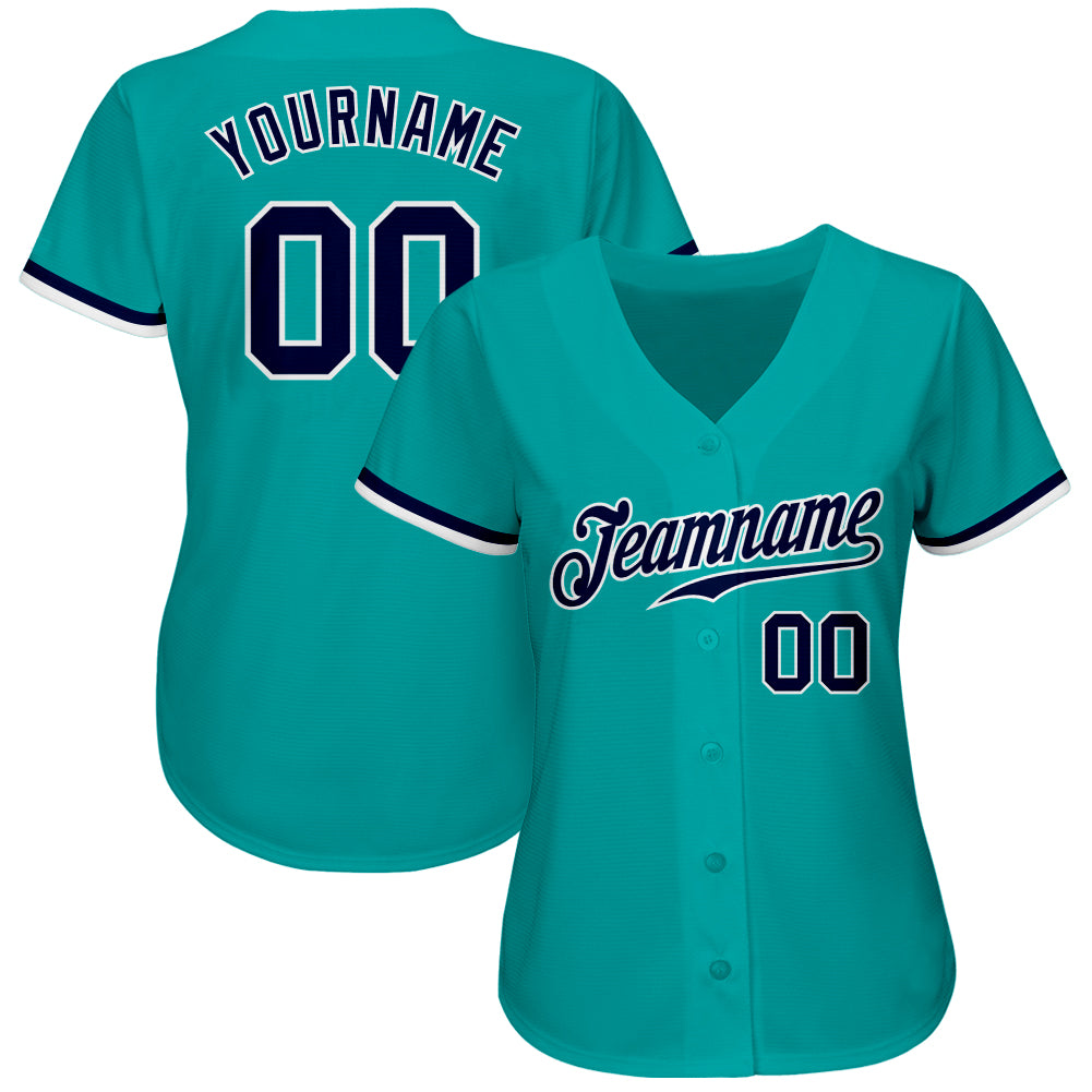 Custom Aqua Navy-White Authentic Baseball Jersey view 2