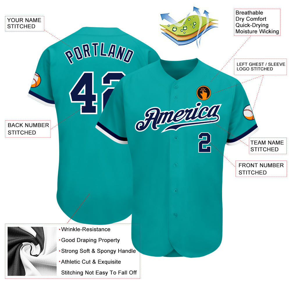 Custom Aqua Navy-White Authentic Baseball Jersey view 3