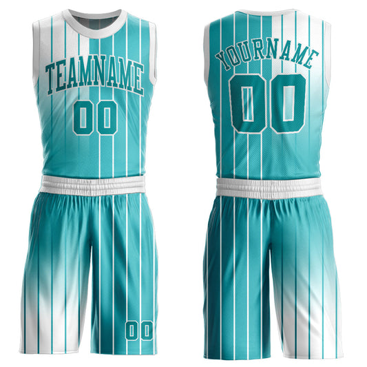 Custom Aqua Aqua-White Round Neck Sublimation Basketball Uniform Jersey - Main View