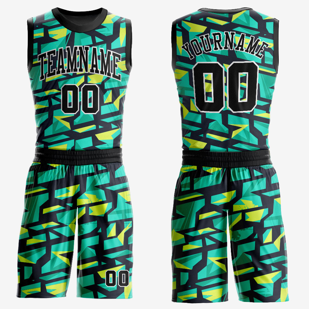 Custom Aqua Black-Neon Green Round Neck Sublimation Basketball Uniform Jersey - Main View