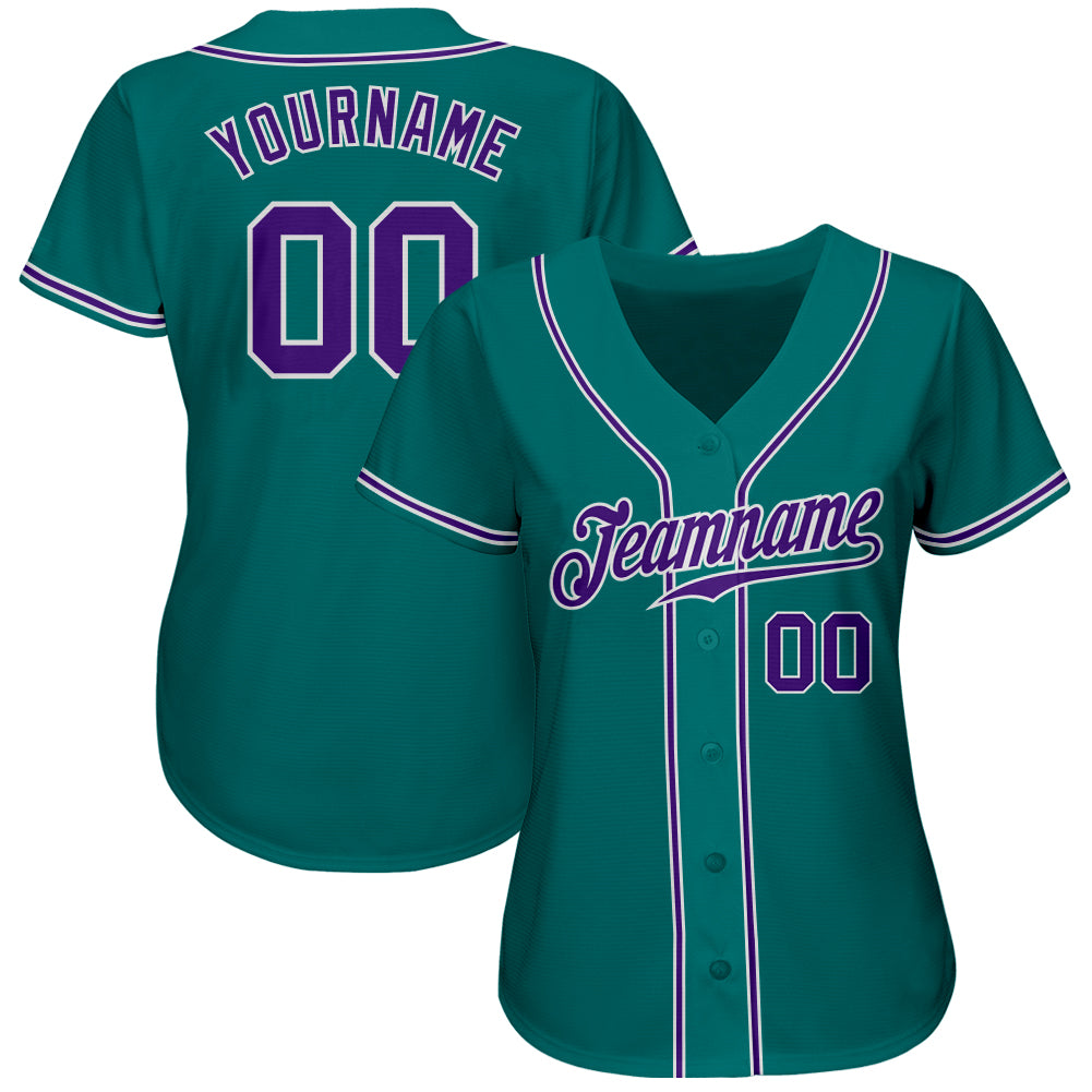 Custom Teal Purple-White Authentic Baseball Jersey view 2