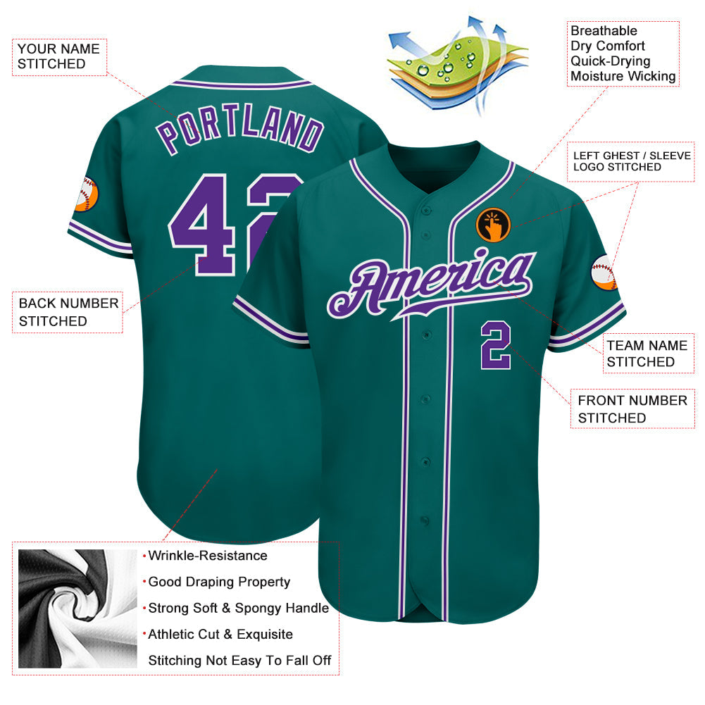 Custom Teal Purple-White Authentic Baseball Jersey view 3