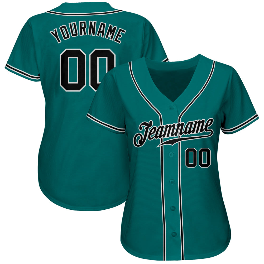 Custom Teal Black-White Authentic Baseball Jersey view 2
