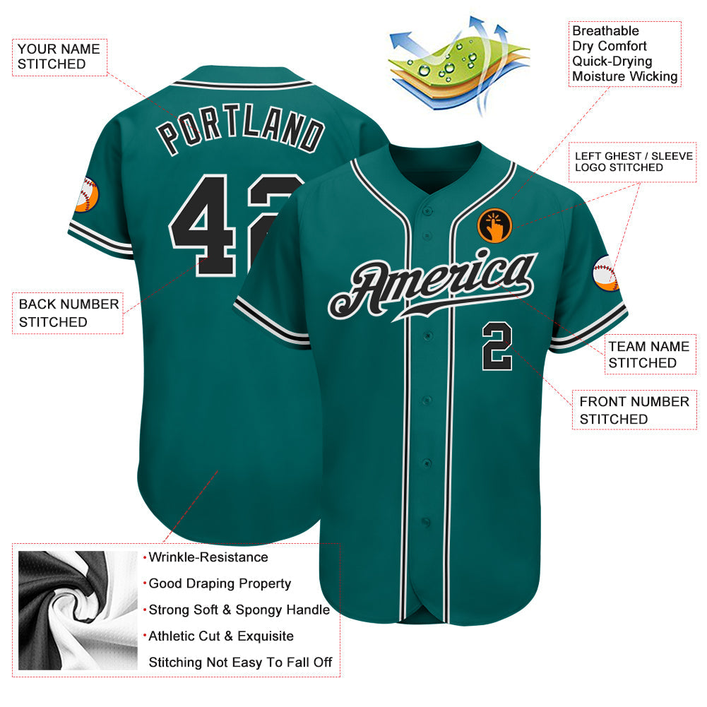 Custom Teal Black-White Authentic Baseball Jersey view 3