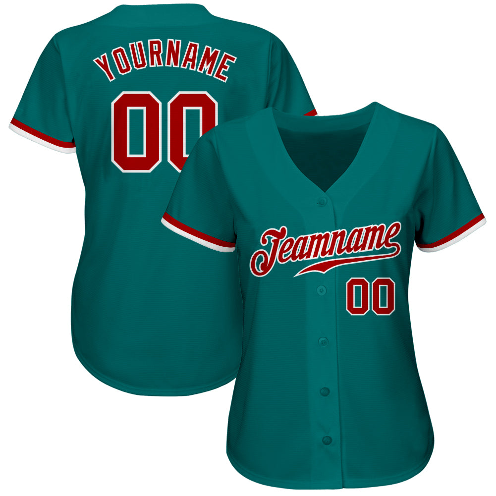 Custom Teal Red-White Authentic Baseball Jersey view 2