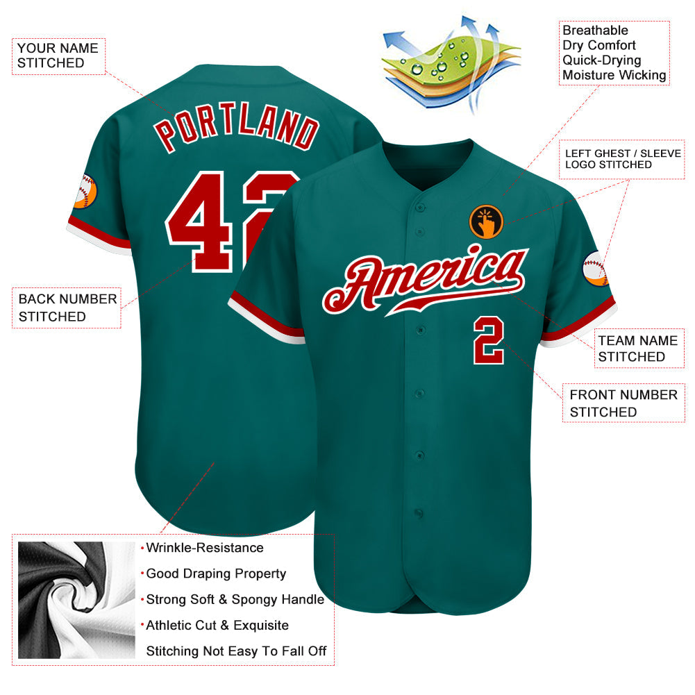 Custom Teal Red-White Authentic Baseball Jersey view 3