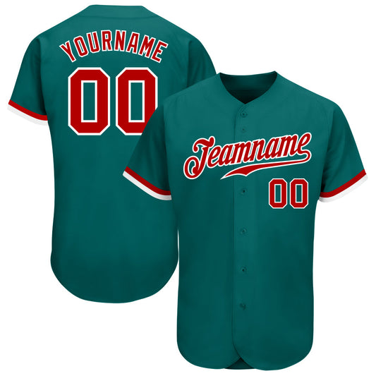 Custom Teal Red-White Authentic Baseball Jersey - Main View