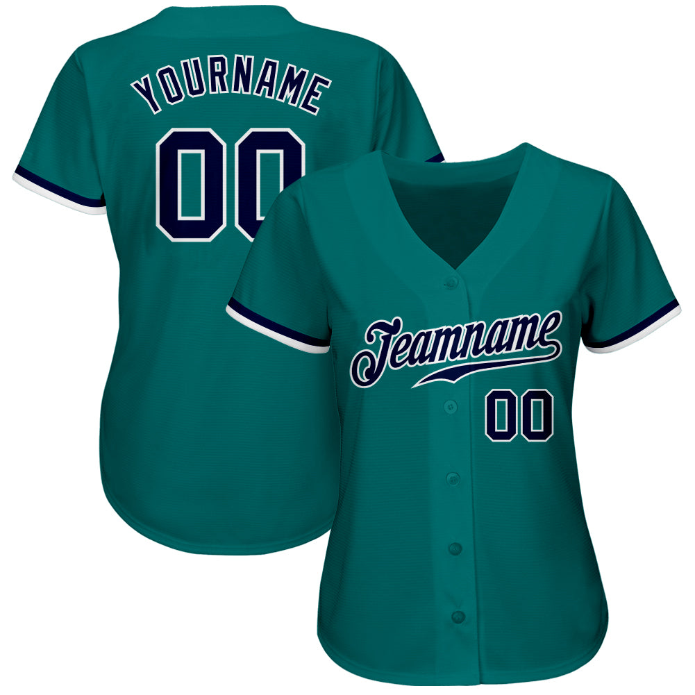 Custom Teal Navy-White Authentic Baseball Jersey view 2