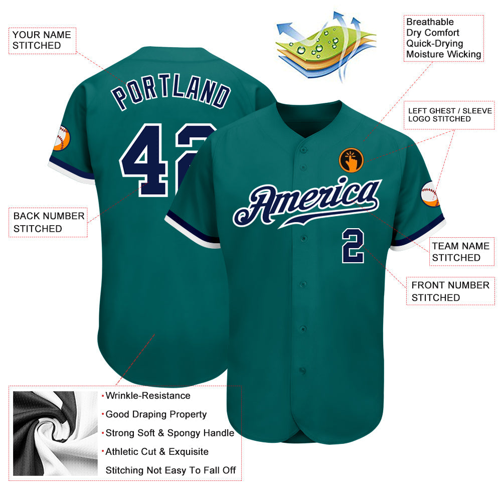 Custom Teal Navy-White Authentic Baseball Jersey view 3