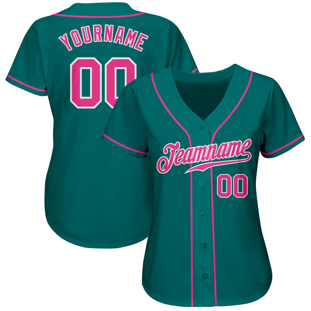 Custom Teal Pink-White Authentic Baseball Jersey view 2