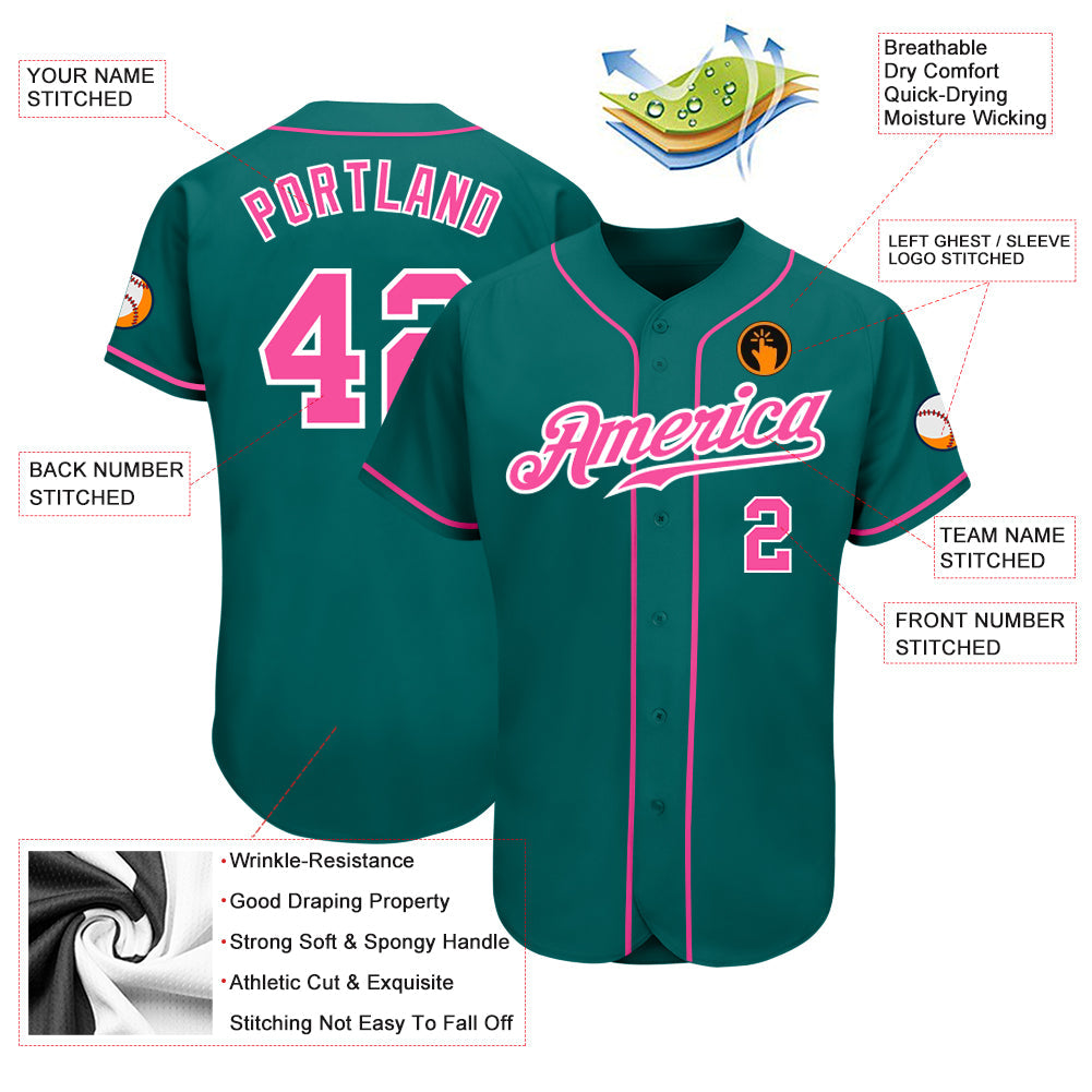 Custom Teal Pink-White Authentic Baseball Jersey view 3