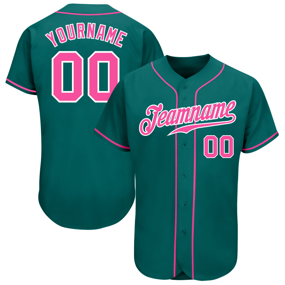 Custom Teal Pink-White Authentic Baseball Jersey - Main View