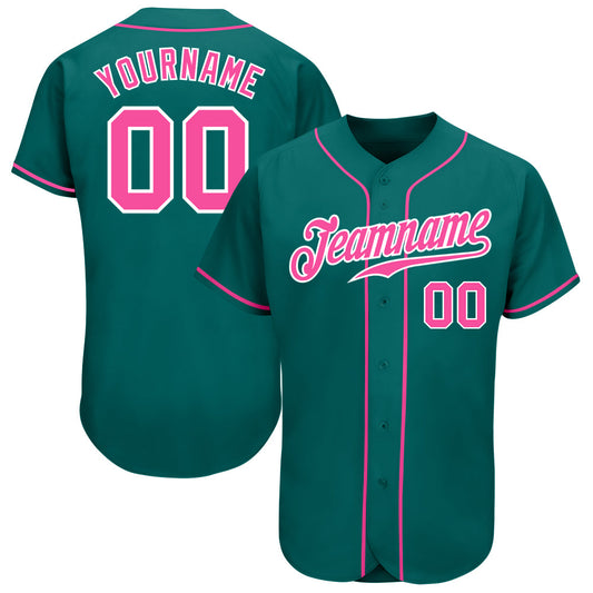 Custom Teal Pink-White Authentic Baseball Jersey - Main View