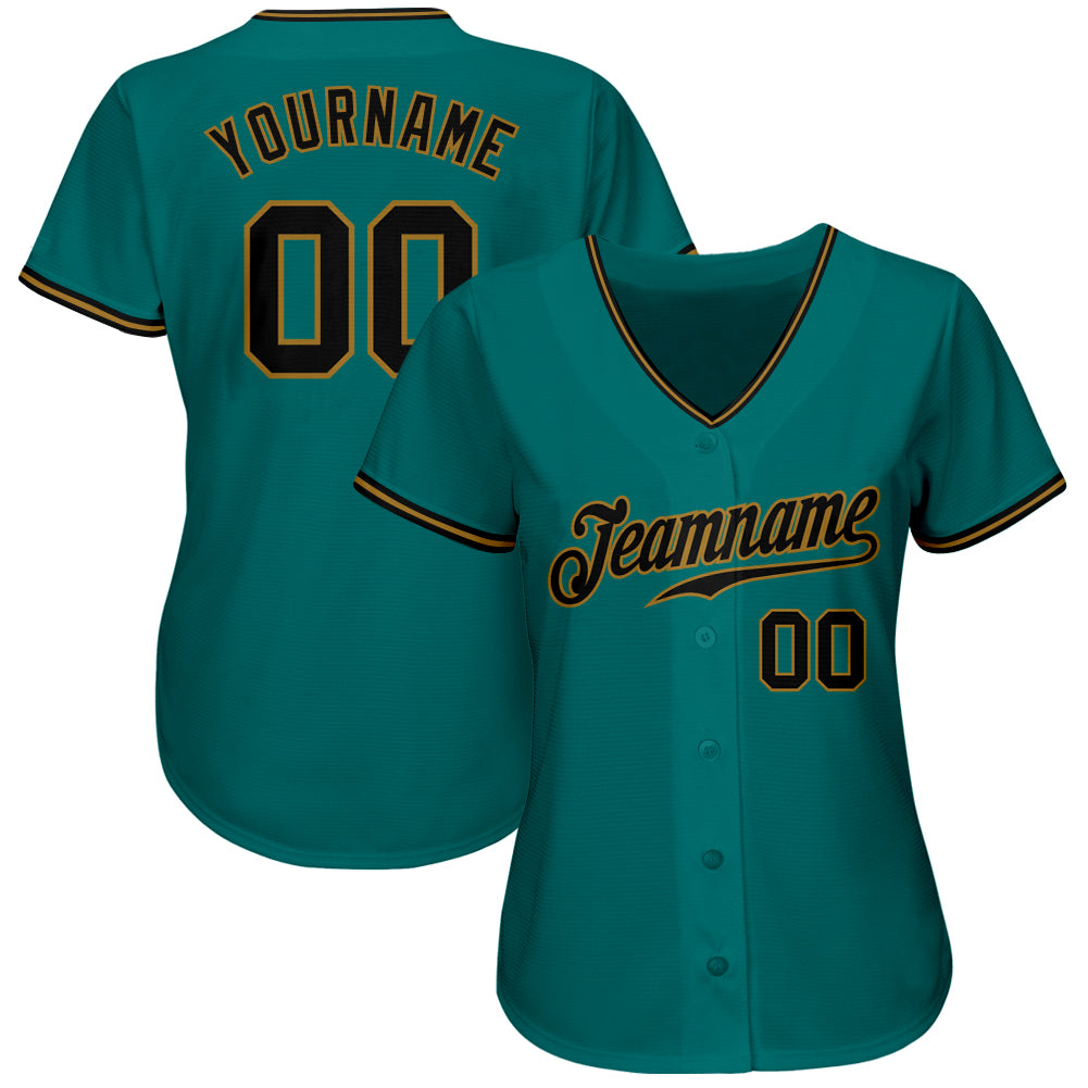 Custom Teal Black-Old Gold Authentic Baseball Jersey view 2