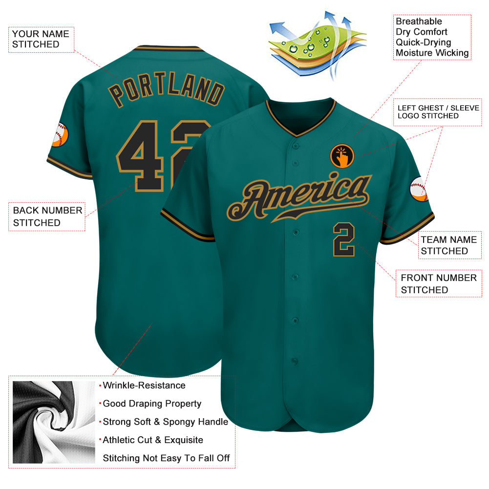 Custom Teal Black-Old Gold Authentic Baseball Jersey view 3